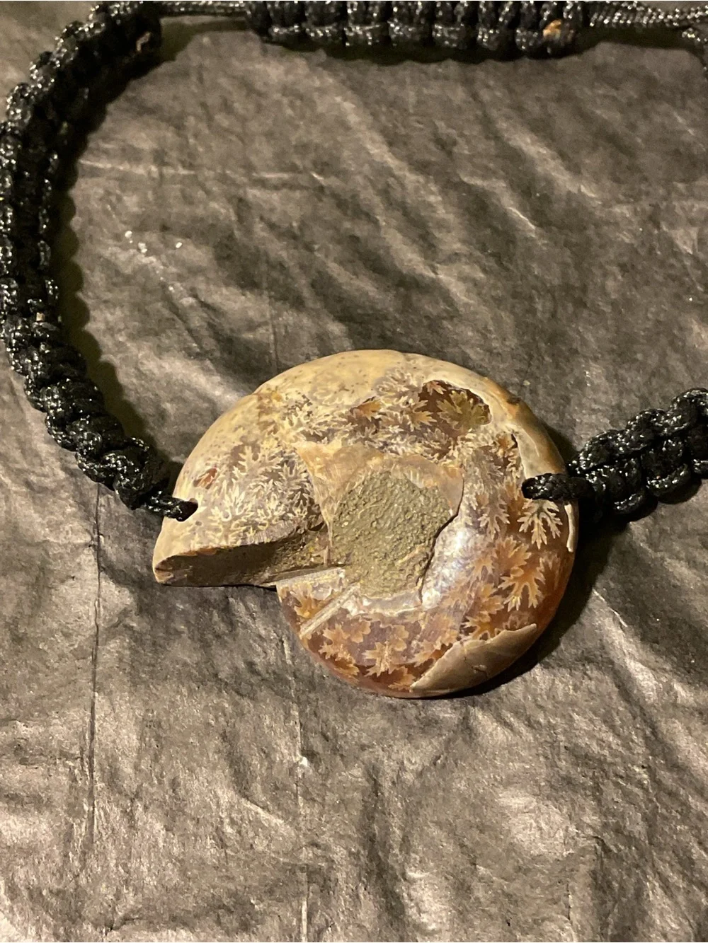 Handmade Black Macrame Bracelet with Brown Fossil Stone Pendant-Unisex